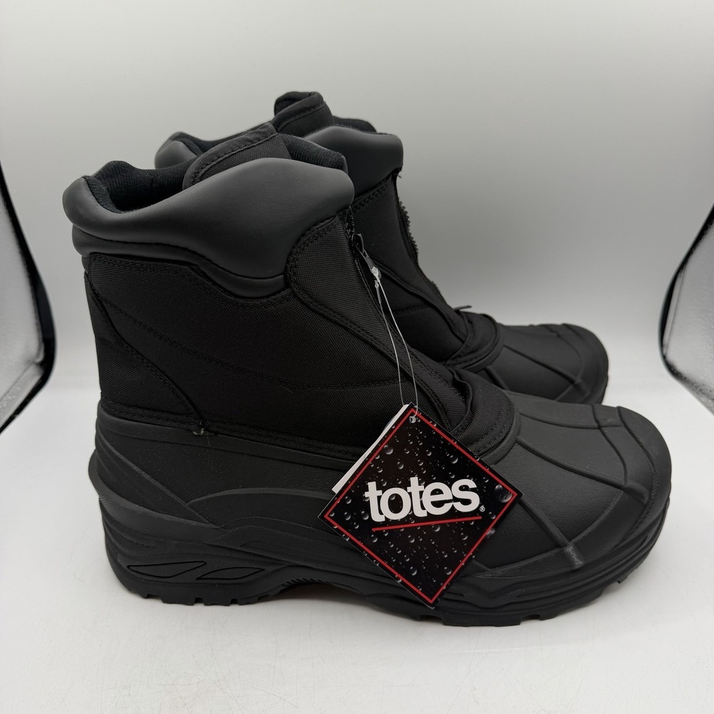 Totes Cassel Boots Mens 12 W WIDE Black Waterproof Front Zip Winter NWT